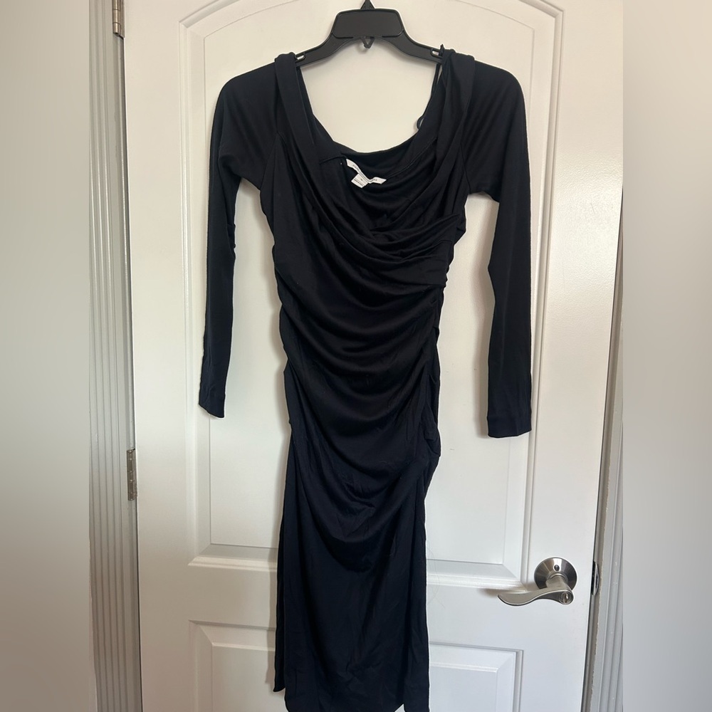 Diane Von Furstenburg Black Ruched 100% Wool Midi Dress Size M Chic Elegant 90s